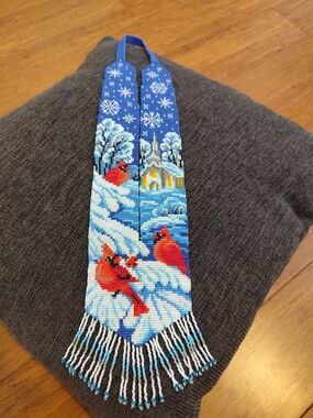 Handmade Beaded Winter Cardinal Necklace - Blue & Red